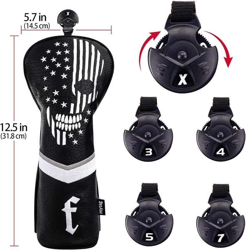 caiobob mytag Skull Skeleton Golf Head Covers Black Synthetic Leather Golf Headcovers Set Fits Driver Fairway Wood Hybrid/Utility Putter Iron Wedge Headcover - Image 5